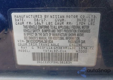 2017 Nissan Versa Note Sv из США, поврежденный, VIN 3N1CE2CP5HL381834